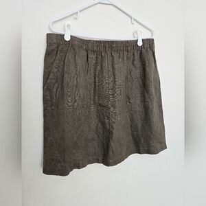 Garnet Hill Brown Linen Skirt, Front Pockets, Elastic Waist | Size 14